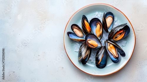 Mussels on a plate with ice, neatly stacked on a light table. The top view allows you to see the bright orange insides of the mollusks and their glossy dark blue shells