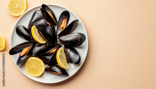 A white plate with mussels and lemon slices on a delicate peach background. The frame is shot from above, which allows you to focus on the shape and color of the mollusks