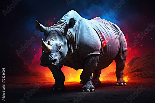 rhino with blue and red smoke effect background