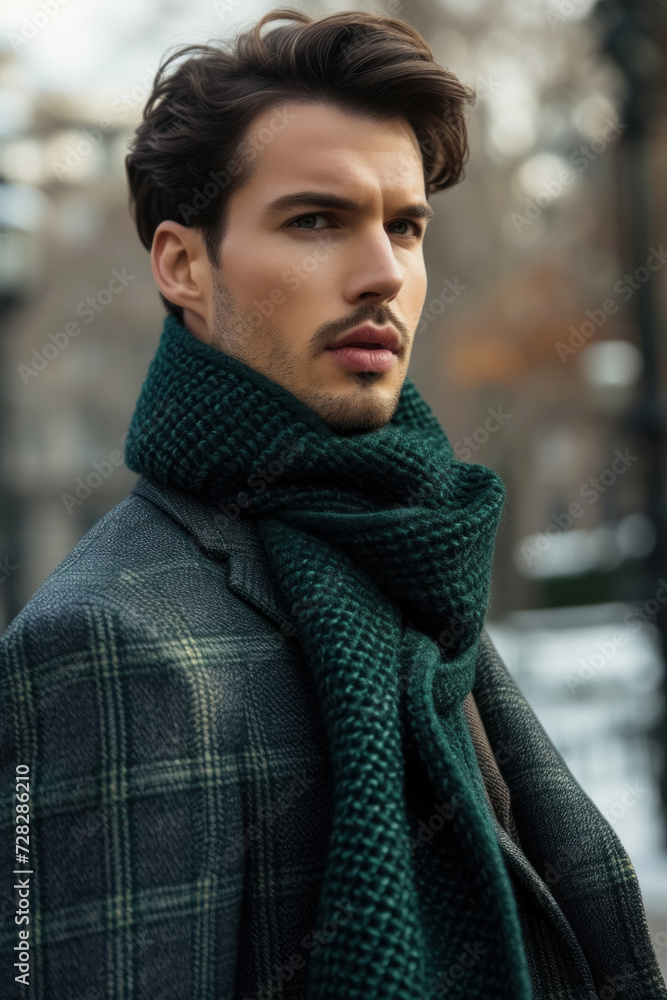 A man in an exquisite dark green wool scarf in the style of a glamorous fashion magazine, close-up. The concept of the trend is quiet luxury A man in an exquisite dark green wool scarf in the style of a glamorous fashion magazine, close-up. The concept of the trend is quiet luxury