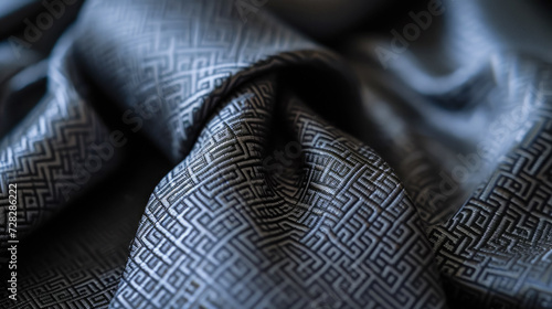 Grey silk tie in close-up with a subtle geometric pattern. Elegant design and shiny sheen of silk fabric. The concept for the trend is quiet luxury photo