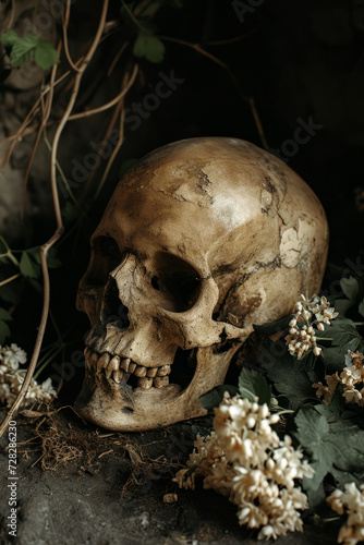 Human Skull with Flowers - Still Life Photography for Gothic Decor