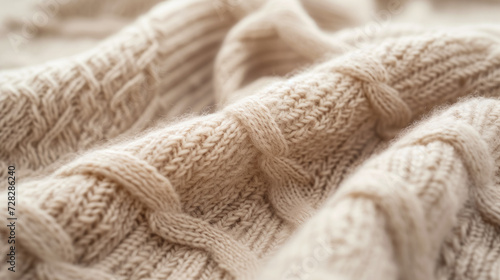 Knitted beige cashmere scarf in close-up. The emphasis is on the texture of the material. The concept of quiet luxury