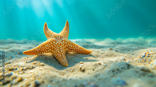 Underwater shot of an orange starfish on a sandy bottom. A clear focus on a star with a blurred background in blue tones creates a feeling of depth and tranquility of the ocean © Юлия Падина