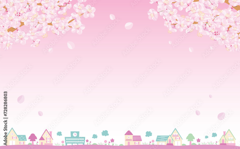 桜と街並み・風景が描かれた余白・コピースペースのあるシンプルな春のピンク背景フレーム素材