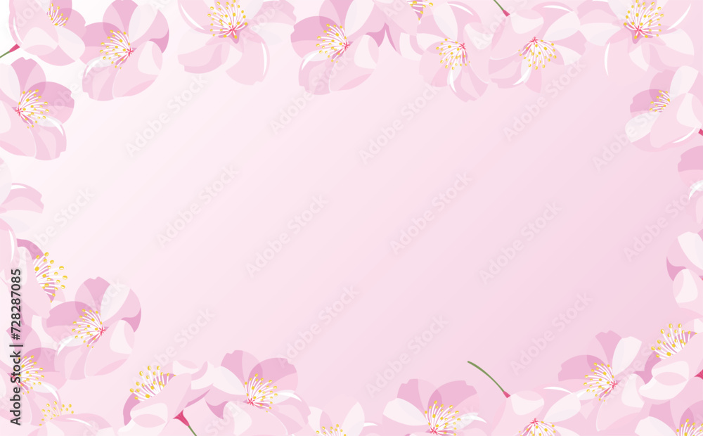 背景やタイトルに使えるシンプルな満開の桜吹雪と花びらのコピースペースのあるピンクグラデーションの春フレーム