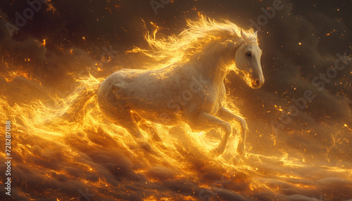 Inferno Stallion  White Horse Enveloped in Flames  Sparks  and Smoke - Fiery Elegance