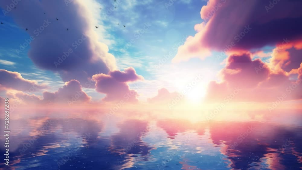 Beautiful blue summer sky with bright sun at sunset. sunrise over the sea. seamless looping overlay 4k virtual video animation background Beautiful blue summer sky with bright sun at sunset. sunrise over the sea. seamless looping overlay 4k virtual video animation background
