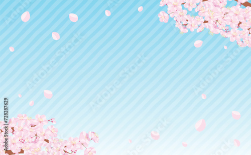 背景やタイトル・見出しに使えるシンプルな桜の木や枝・満開の桜吹雪を描いた青空のストライプ春フレーム素材