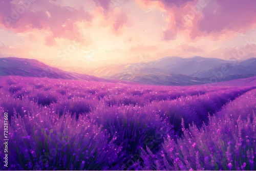 classic lavender field painting illustrations for wall art decoration, wallpaper and background