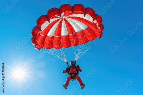 A person in red is flying with a parachute. Generative AI.
