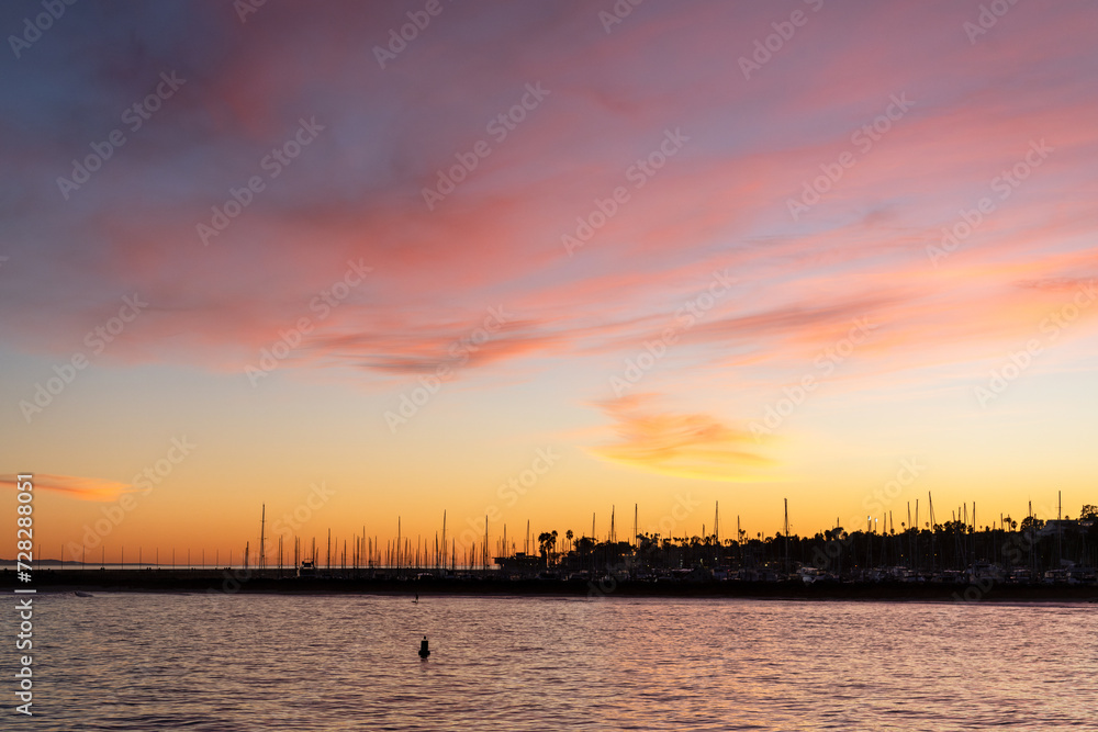 View to Santa Barbara harbor at sunset