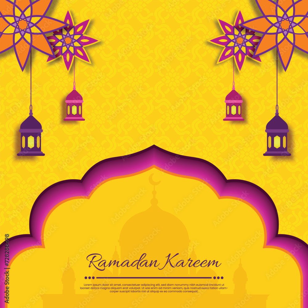 ramadan kareem mubarak wishing post with mosque and lantern vector design