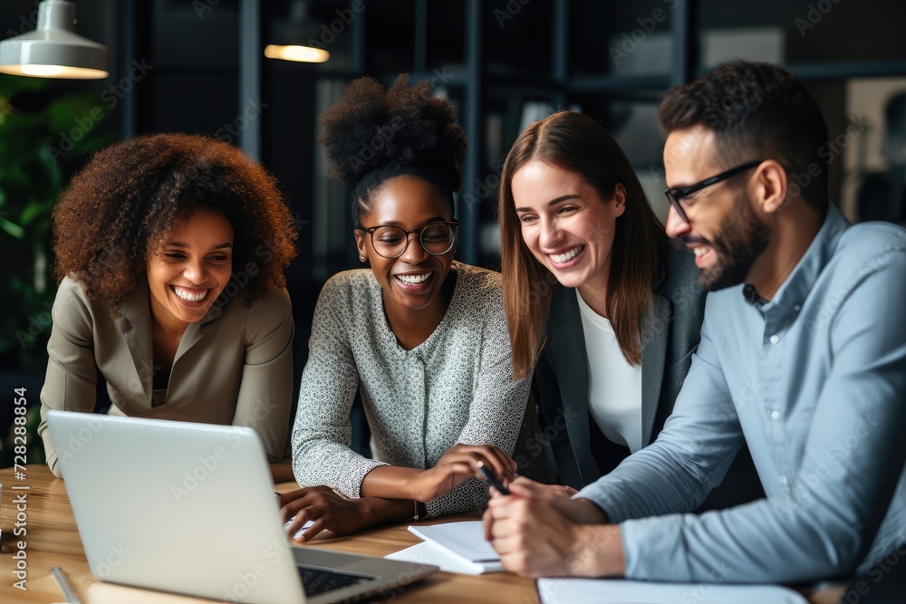 Obraz premium Group of happy multiethnic businesspeople working on laptop in office
