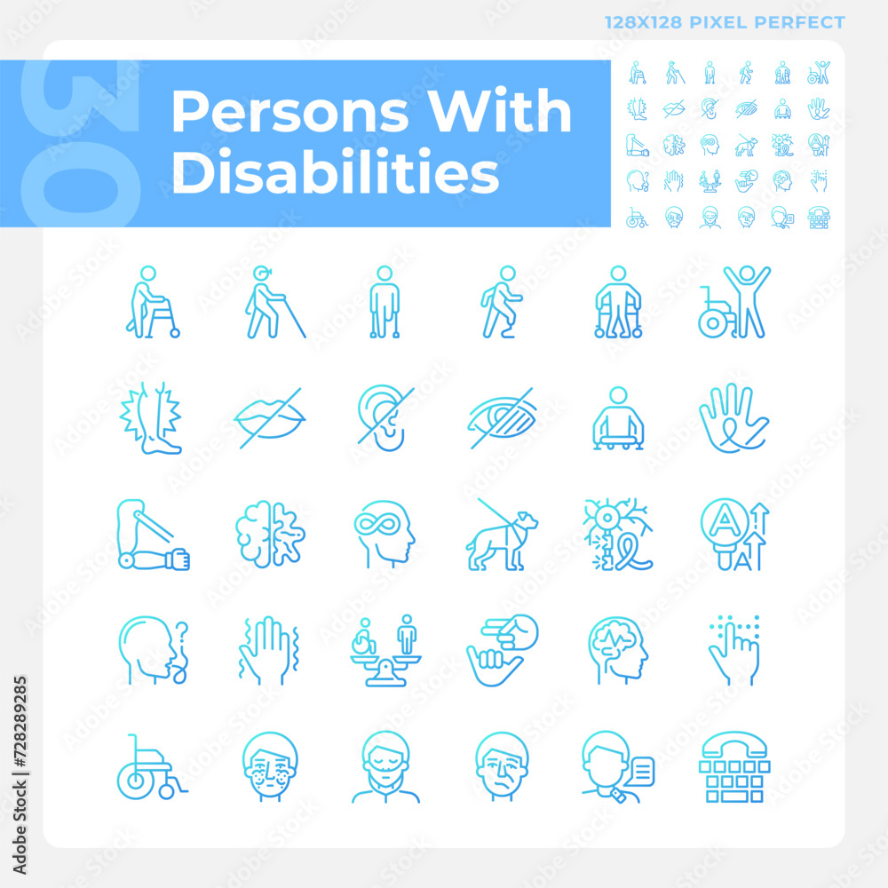 People with disabilities gradient linear vector icons set. Intellectual disability, neurology. Genetic disorder. Thin line contour symbol designs bundle. Isolated outline illustrations collection