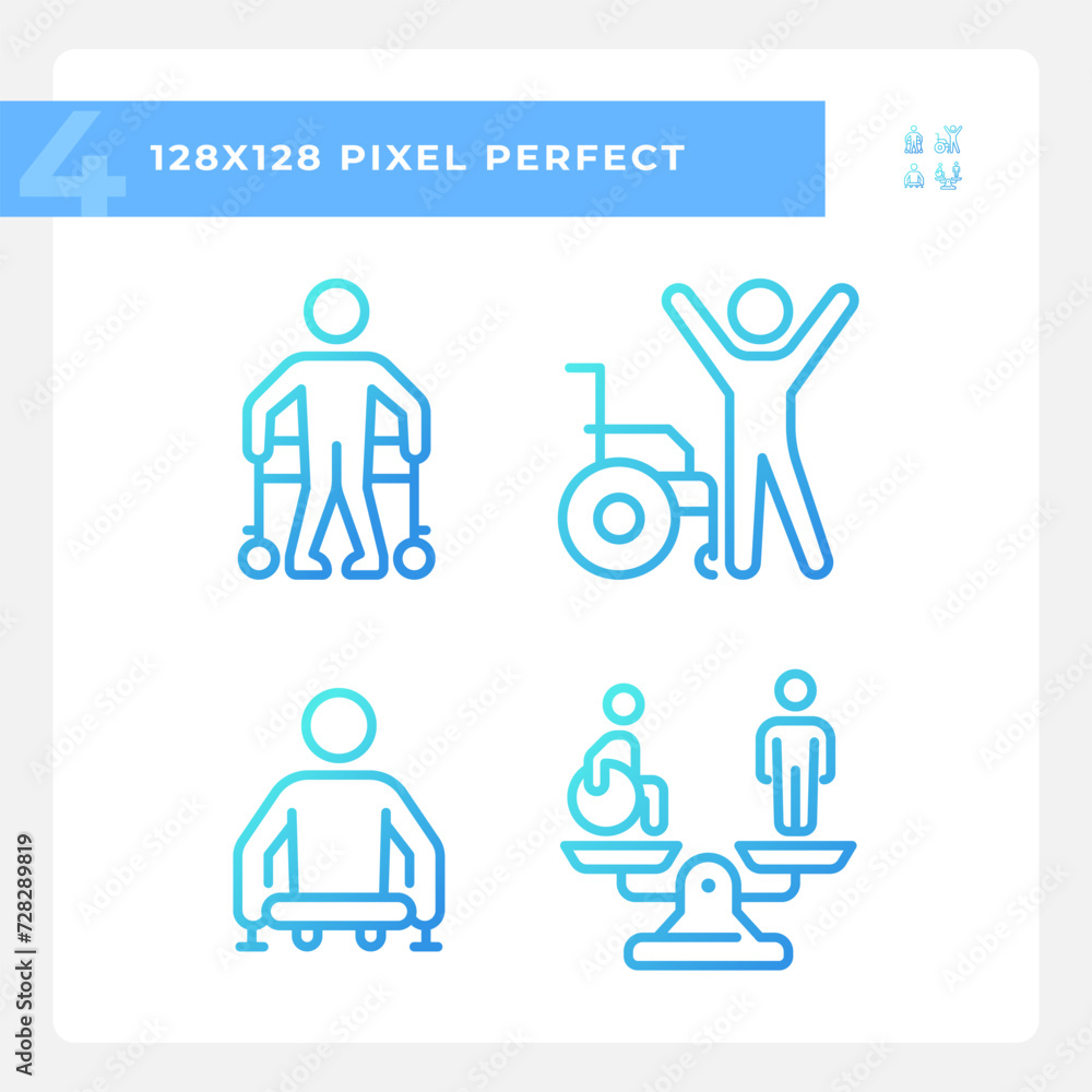Injury recovery gradient linear vector icons set. Equality and diversity. Leg amputation, physiotherapy treatment. Thin line contour symbol designs bundle. Isolated outline illustrations collection Injury recovery gradient linear vector icons set. Equality and diversity. Leg amputation, physiotherapy treatment. Thin line contour symbol designs bundle. Isolated outline illustrations collection