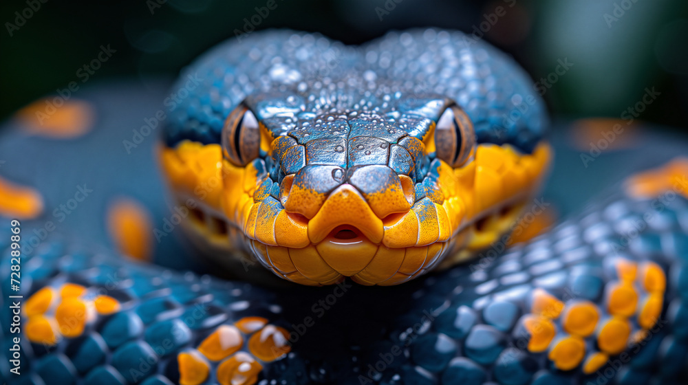 Fototapeta premium Deadly snake looking into the camera. Exotic snake look at you. Snake eyes. Reptile predator. Aggressive snake face close up. Beautiful abstract wallpaper