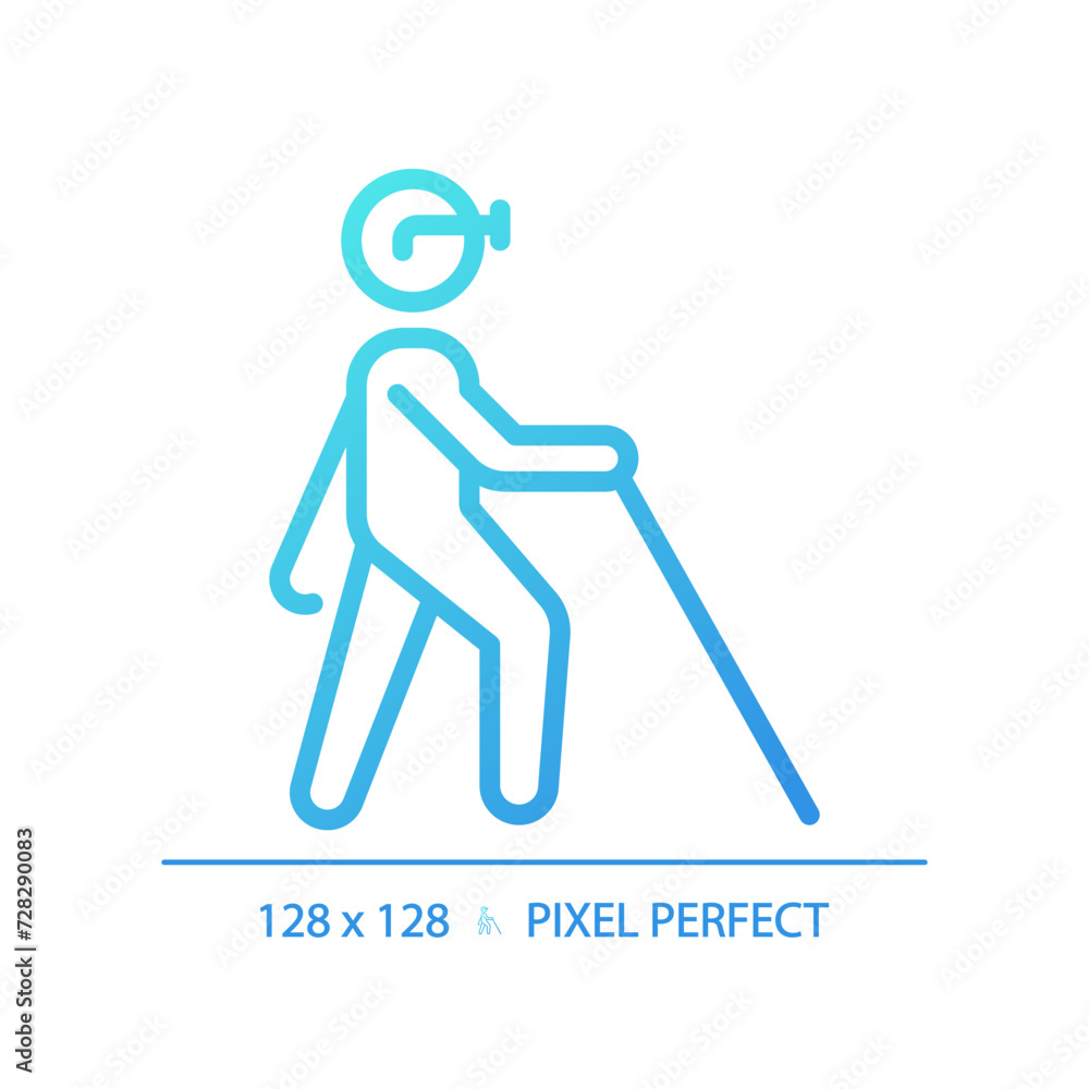 Blind with cane gradient linear vector icon. Vision loss, walking stick. Disabled person. Blindness diagnose. Thin line color symbol. Modern style pictogram. Vector isolated outline drawing Blind with cane gradient linear vector icon. Vision loss, walking stick. Disabled person. Blindness diagnose. Thin line color symbol. Modern style pictogram. Vector isolated outline drawing
