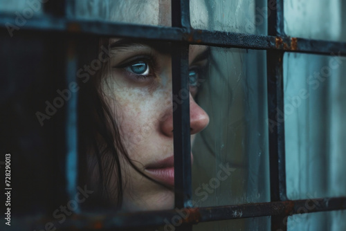 Woman Looking Out of a Barred Window photo