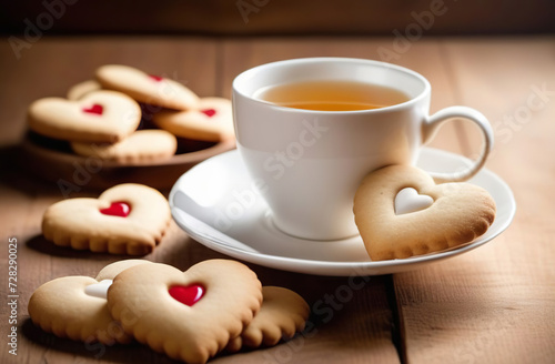 Tea set with tasty homemade heart shaped cookies from shortbread dough. White cup, sweet desserts on white wooden table. Valentine's Day festive mood. Valentines day concept. Pastry shop. Love card.