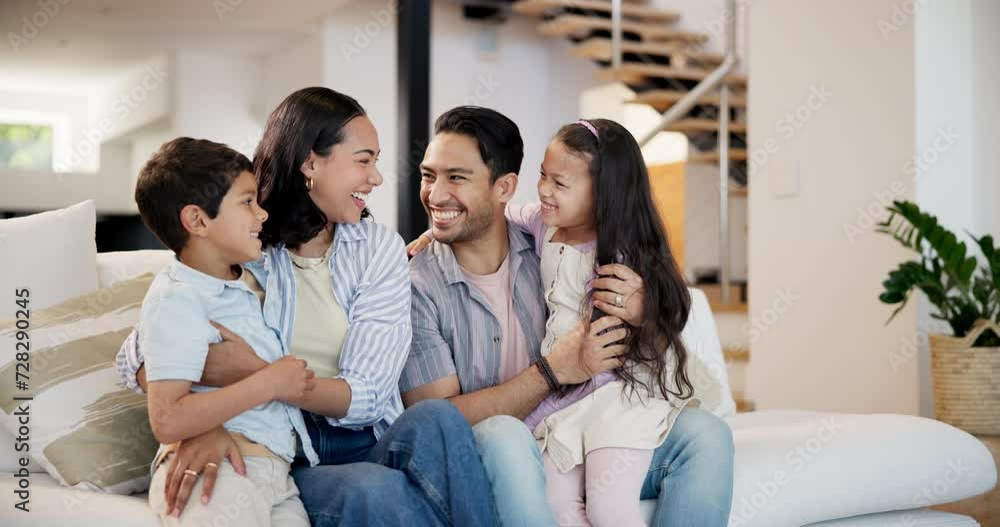 Running, dad or mother with children to hug in home for care, safety or bonding together to relax. Parents, sofa or happy family with mom or father or kids for support, trust or smile in living room Running, dad or mother with children to hug in home for care, safety or bonding together to relax. Parents, sofa or happy family with mom or father or kids for support, trust or smile in living room