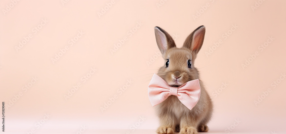 Cute bunny with a pink bow. Greeting card with space for copying. Banner. Neutral background.