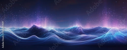 Abstract digital landscape or waves with flowing particles. Visualization of sound waves