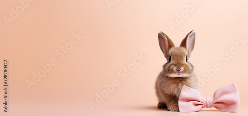 Cute bunny with a pink bow. Greeting card with space for copying. Banner. Neutral background. © Alexander