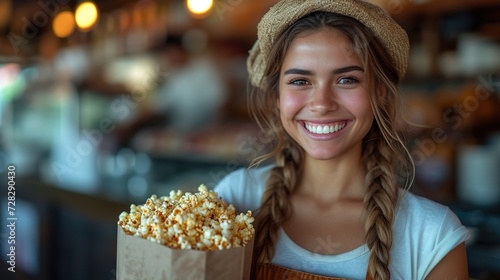 Photo portrait of attractive young woman hold popcorn bucket . Generative Ai. 