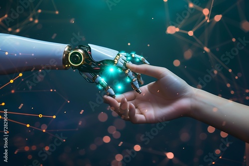 Hands of robot and human touching on big data network connection