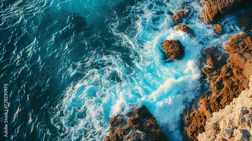 Aerial view of the sea rocks cliffs in the ocean. Beautiful sea wallpaper for tourism