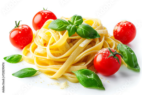 linguini pasta with tomatoes and basil isolated on a white background