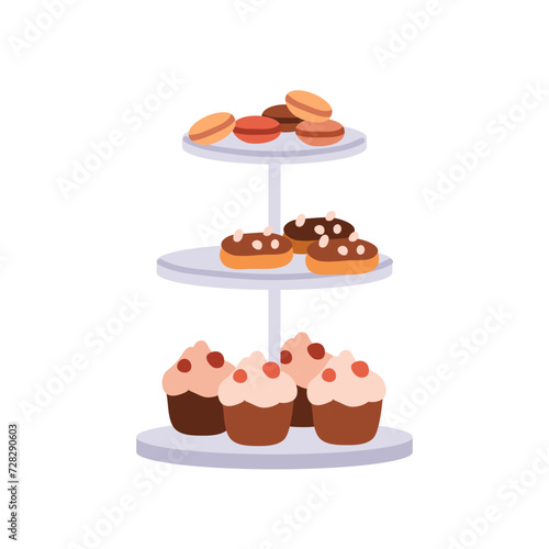 Confectionery on serving plate. Sweet desserts on 3-layered tray. Confection, yummy treats. Cupcakes, eclairs, macarons on buffet stand. Flat vector illustration isolated on white background