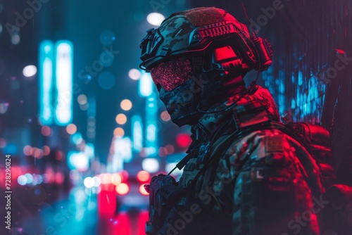 A futuristic soldier stands sentinel in an urban nightscape, a vision of vigilance against a backdrop of neon dreams.