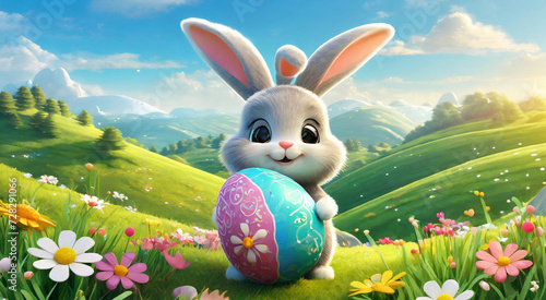 cute easter bunny rabbit and egg in hill with green fields and colorful flower on a bright day © Sunisadonphimai