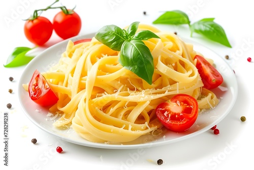 linguini pasta on plate with tomatoes and basil isolated on a white background