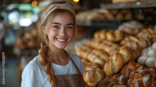 Portrait of a beautiful young woman working in a bakery shop. Generative Ai.