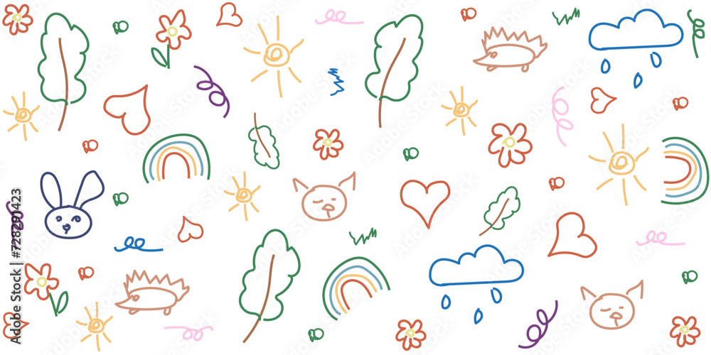 Childish scribble isolated white background. Seamless pattern with hand drawing rainbow tree flower animal. Hand drawn doodle child element collection. Vector illustration. EPS 10 Editable stroke.