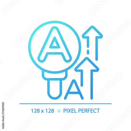 Large print for visually impaired gradient linear vector icon. Magnifying aid. Physiotherapy treatment. Injury recovery. Thin line color symbol. Modern style pictogram. Vector isolated outline drawing