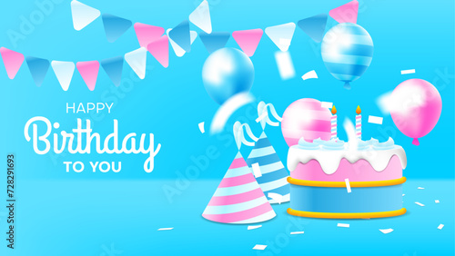 happy birthday card with cake, balloons, confetti, hat, and triangle decoration in blue, white and pink color. vector illustration