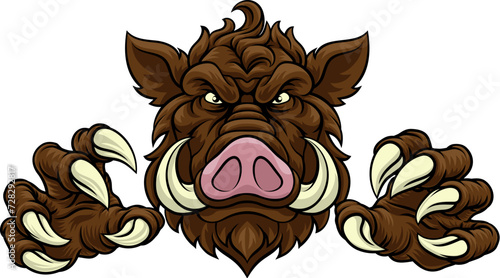A wild boar, hog razorback warthog pig mean tough cartoon sports mascot