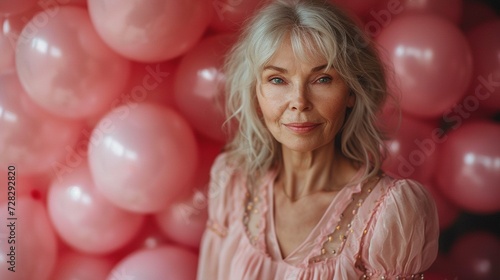 Portrait of beautiful senior woman with pink heart balloons in the background. Generative Ai. 