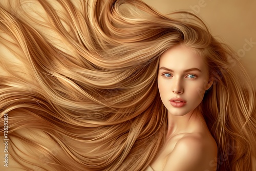 Portrait of a beautiful blonde woman with luxurious long hair isolated on colored background