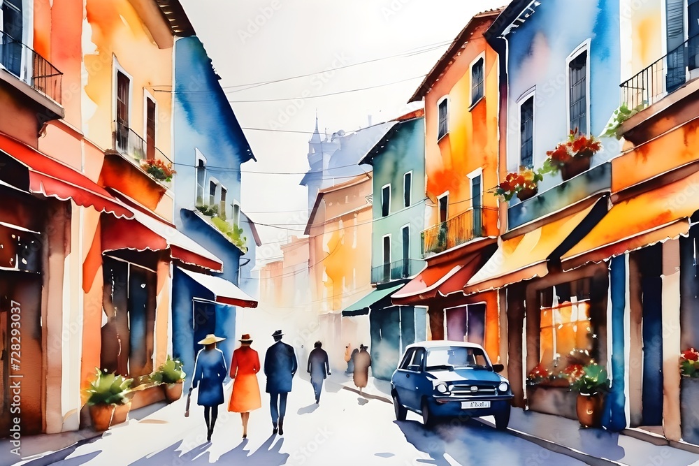 Fototapeta premium city street watercolor in postcard style.