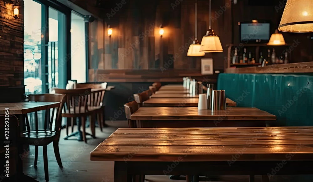 Empty wooden table in cafe with blurred background perfectly set for showcasing products in restaurant or bar environment table vintage design complements modern relaxed lifestyle of city pub Empty wooden table in cafe with blurred background perfectly set for showcasing products in restaurant or bar environment table vintage design complements modern relaxed lifestyle of city pub