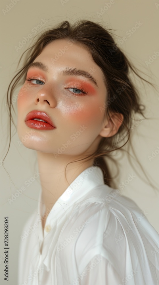 Portrait of a young woman with striking orange eyeshadow and matte lipstick, exuding confidence and modern beauty trends. Portrait of a young woman with striking orange eyeshadow and matte lipstick, exuding confidence and modern beauty trends.