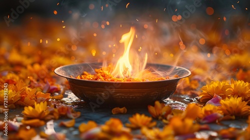 Fall Flower Fire A Glowing Ember in a Bowl of Autumn Leaves Generative AI