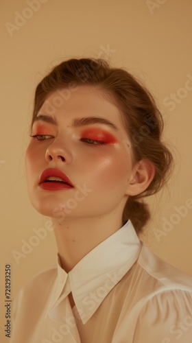 Portrait of a young woman with striking orange eyeshadow and matte lipstick, exuding confidence and modern beauty trends.