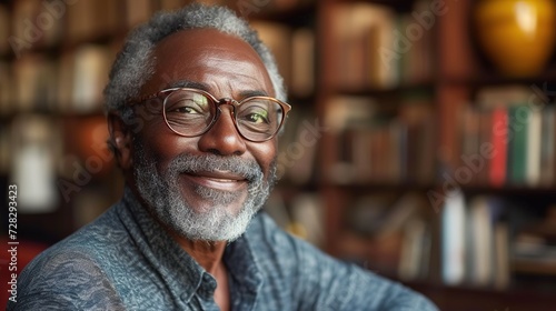 Portrait of smiling senior man in eyeglasses against bookshelves. Generative Ai. 