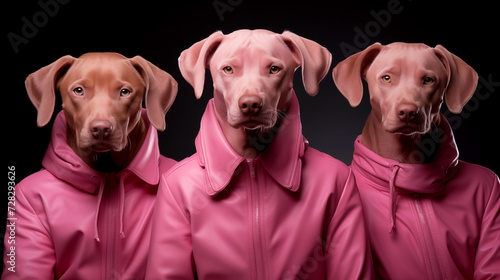 Dogs wear pink jackets looking seriously at the camera, on a color background. Fashion stylish pet in clothes. They dressed in dog portraits.